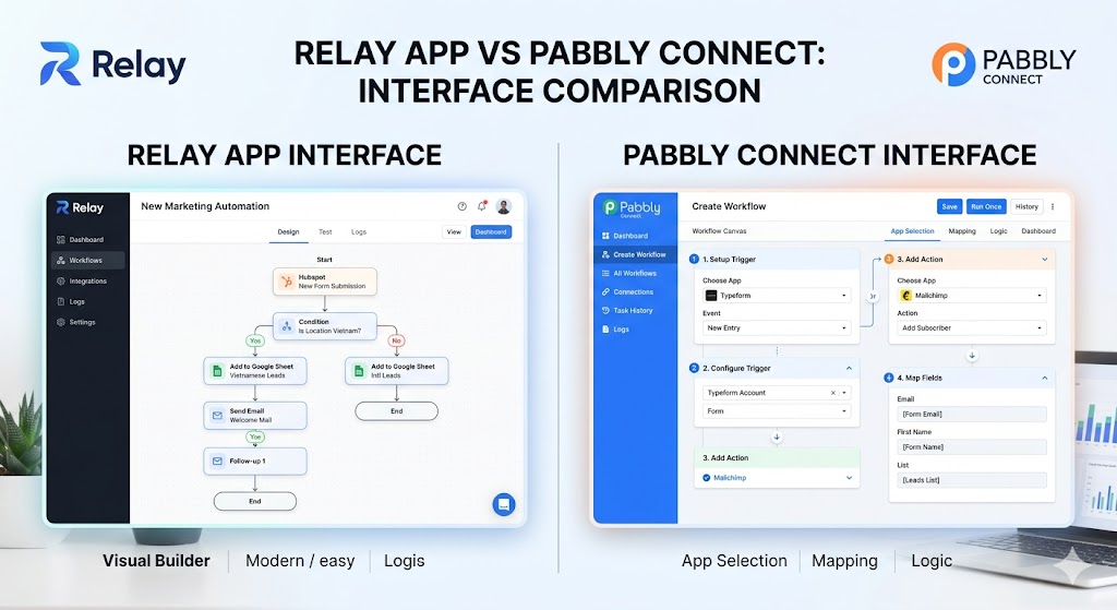 Relay app vs Pabbly Connect interface