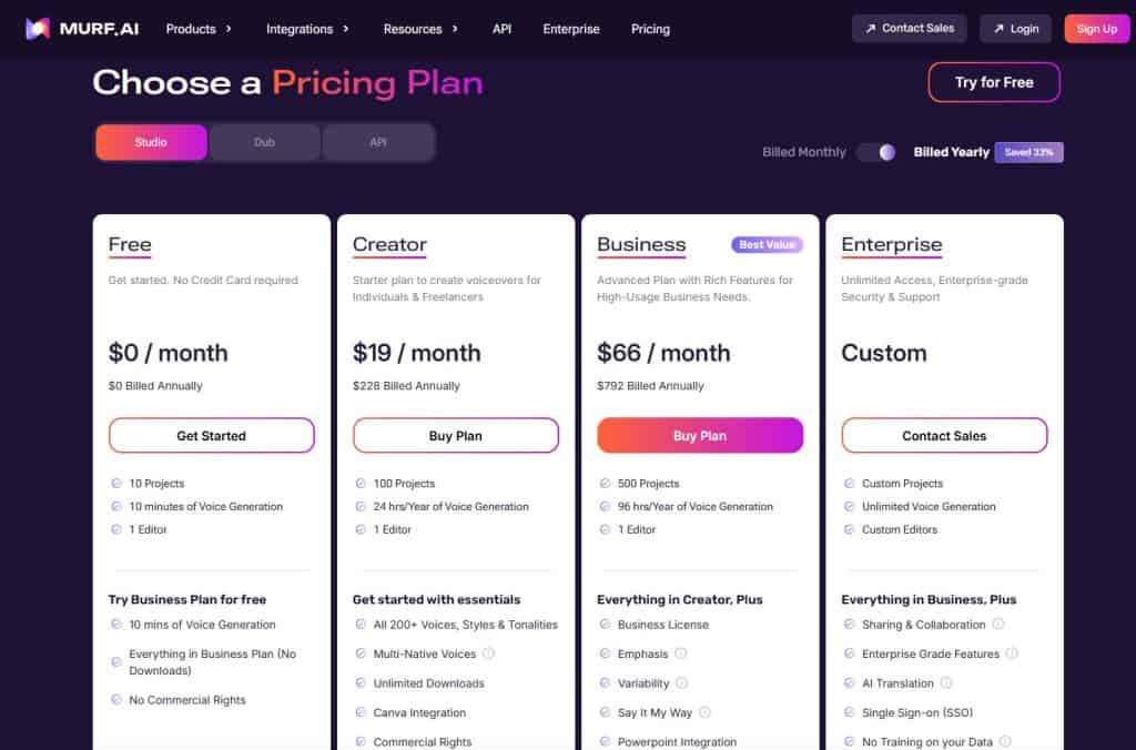 Murf AI pricing plans
